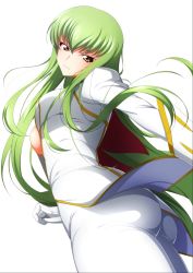 Rule 34 | 1girl, ass, blush, breasts, c.c., code geass, gloves, green hair, highres, long hair, looking at viewer, simple background, smile, solo, white background, white gloves, yellow eyes, yu-ta