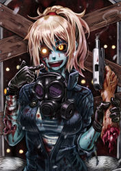 Rule 34 | 1girl, bad end, bandages, black sclera, blonde hair, blood, blue skin, call of duty, call of duty: black ops, colored sclera, colored skin, evil smile, gas mask, gloves, glowing, glowing eyes, gun, guro, handgun, highres, injury, jacket, mask, monster girl, open mouth, ponytail, severed hand, smile, smoke, smoking barrel, solo, tony (chikaku kabin), watch, weapon, yellow eyes, zombie