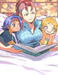 Rule 34 | 3girls, absurdres, aged down, bed, bellemere, blue hair, book, child, commentary, english commentary, family, headband, highres, holding, holding book, long hair, low ponytail, mohawk, mother and daughter, multiple girls, mygiorni, nami (one piece), nojiko, on bed, one piece, open book, open mouth, orange hair, pink hair, ponytail, shirt, short hair, siblings, sisters, smile, teeth