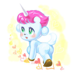 Rule 34 | 1980s (style), 1boy, blush, from behind, green eyes, heart, horns, looking back, male focus, maronie-mt, retro artstyle, open mouth, pink hair, retro artstyle, single horn, smile, solo, tail, unico, unico (character), unicorn