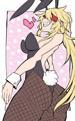 Rule 34 | 1girl, animal ears, black general, black leotard, blonde hair, breasts, bunny day, commentary request, eyepatch, fake animal ears, fake tail, fishnet pantyhose, fishnets, from behind, heart, highres, jin (mugenjin), large breasts, leotard, long hair, looking at viewer, pantyhose, playboy bunny, purple eyes, rabbit ears, rabbit tail, solo, spiked hair, strapless, strapless leotard, tail, wrist cuffs, zannen onna-kanbu black general-san