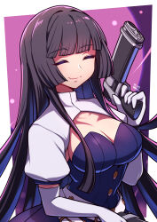 Rule 34 | 1girl, belt, black hair, blue dress, blunt bangs, breasts, cleavage, closed eyes, commentary, dated, dress, elbow gloves, english commentary, gloves, gun, highres, holding, holding gun, holding weapon, kaguya jingu, large breasts, long hair, shrug (clothing), smile, solo, umenodo, under night in-birth, under night in-birth 2 sys:celes, very long hair, weapon, white belt, white gloves