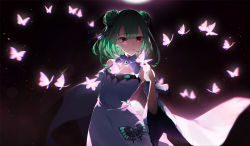 Rule 34 | 1girl, backlighting, blue dress, bug, butterfly, butterfly on hand, closed mouth, commentary request, detached collar, detached sleeves, double bun, dress, earrings, green hair, hair bun, hair ribbon, highres, hololive, hololive fantasy, insect, jewelry, looking at animal, medium hair, pink butterfly, red eyes, ribbon, skull earrings, smile, solo, strapless, strapless dress, toto (kuro toto), uruha rushia, uruha rushia (1st costume), virtual youtuber