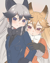 Rule 34 | 2girls, animal ears, black bow, black bowtie, black hair, black necktie, black shirt, blue jacket, blush, bow, bowtie, brown fur, brown gloves, brown hair, extra ears, ezo red fox (kemono friends), fox ears, fox girl, fur trim, gloves, grey hair, hair between eyes, hand on another&#039;s arm, hand on another&#039;s shoulder, highres, jacket, kemono friends, long hair, long sleeves, looking at viewer, multicolored hair, multiple girls, necktie, orange hair, orange jacket, orange necktie, shirt, sidelocks, silver fox (kemono friends), smile, taku hanamiyap, upper body