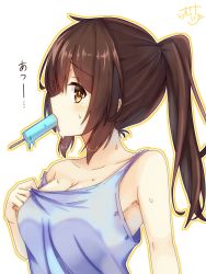 Rule 34 | 1girl, armpits, bad id, bad pixiv id, bare shoulders, blush, breasts, brown eyes, brown hair, cleavage, collarbone, food, food in mouth, from side, highres, large breasts, long hair, looking at viewer, looking to the side, mouth hold, original, outline, ponytail, popsicle, profile, ramchi, solo, strap slip, sweat, tank top, upper body