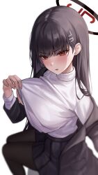 Rule 34 | 1girl, 1yu x, black hair, black jacket, black pantyhose, black skirt, blue archive, hair ornament, hairpin, halo, highres, jacket, looking at viewer, pantyhose, red eyes, shirt, simple background, skirt, solo, white background, white shirt