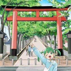 Rule 34 | 1girl, absurdres, arm up, bag, blue sky, blue sweater, bow, commentary request, crosswalk, day, green eyes, green hair, hair bow, head tilt, highres, long hair, long sleeves, looking at viewer, multiple hair bows, nagomurasan, one eye closed, open mouth, original, outdoors, park, path, people, real world location, road, saitama (city), shoulder bag, sky, smile, solo focus, stone lantern, sweater, torii, tree, twintails, upper body, v, white bow, wide shot