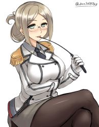 Rule 34 | 10s, 1girl, breasts, brown hair, don (29219), epaulettes, folded ponytail, glasses, gloves, green eyes, kantai collection, katori (kancolle), large breasts, crossed legs, military, military uniform, miniskirt, necktie, pantyhose, riding crop, sitting, skirt, solo, uniform