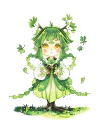 Rule 34 | 1girl, absurdres, blush, child, chinese clothes, facial mark, forehead mark, full body, grass, green hair, green skirt, hair branch, highres, leaf, monster girl, original, plant girl, roots, shirt, short hair, skirt, solo, triangle mouth, white background, white shirt, xialuo yingling, yellow eyes
