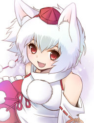 Rule 34 | 1girl, animal ears, bare shoulders, breasts, detached sleeves, fang, gradient background, hat, hayabusa koi, high collar, inubashiri momiji, looking at viewer, medium breasts, open mouth, pom pom (clothes), red eyes, short hair, skirt, solo, tokin hat, touhou, white background, white hair, wolf ears