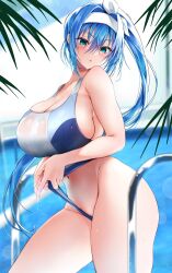 Rule 34 | arm under breasts, ass, blue hair, blush, breasts, cleavage, clothes pull, commission, competition swimsuit, frontal wedgie, green eyes, hair ribbon, hairband, highleg, highleg swimsuit, highres, large breasts, navel, one-piece swimsuit, original, pool, pool ladder, ribbon, sideboob, skeb commission, swimsuit, thighs, uzura kazuhisa, wedgie, white hairband