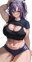 Rule 34 | 1girl, abs, blue archive, blue eyes, blush, breasts, cleavage, curvy, furizuu20, halo, highres, huge breasts, large breasts, long hair, looking at viewer, muscular, muscular female, navel, purple hair, smile, solo, sports bra, sweat, thick thighs, thighs, wide hips, yuuka (blue archive)