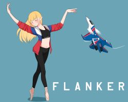 Rule 34 | 1girl, aircraft, atamonica, ballerina, blonde hair, closed eyes, cobra maneuver, commentary, dancing, english commentary, english text, full body, highres, jacket, long hair, military, navel, open clothes, original, outstretched arms, pointy ears, russian flag, simple background, solo, sports bra, stretching, su-30