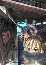 Rule 34 | 10s, 1girl, 2014, :&lt;, admiral (kancolle), air bubble, arms behind back, artist name, bdsm, blonde hair, blue eyes, blush, bondage, bound, bound wrists, bubble, cloud, cuffs, dated, day, dock, elbow gloves, giant, giantess, gloves, hairband, handcuffs, highres, jitome, kantai collection, long hair, luanluan, midriff, miniskirt, open mouth, partially submerged, personification, pleated skirt, red thighhighs, rising sun flag, sailor collar, shimakaze (kancolle), signature, skirt, sleeveless, solo, solo focus, stairs, standing, striped clothes, striped thighhighs, sunburst, thighhighs, too literal, top-down bottom-up, triangle mouth, water, white gloves