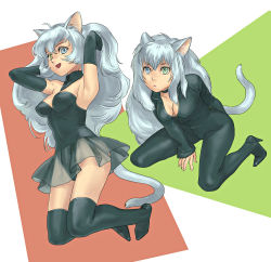 Rule 34 | 2girls, animal ears, armpits, bodysuit, boots, breasts, cat ears, cat tail, catsuit, character request, cleavage, grey hair, heterochromia, high heels, jumping, leaning forward, leotard, long hair, multiple girls, shoes, sitting, skirt, tail, thigh boots, thighhighs, yuccoshi