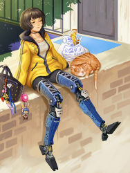 Rule 34 | 1girl, android, bag, black hair, blunt bangs, breasts, cat, closed eyes, closed mouth, food, highres, lieqi hun, orange cat, original, shadow, short hair, sitting, sleeping, small breasts, smile, solo, sweater, zipper
