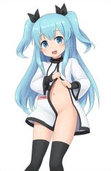 Rule 34 | 10s, 1girl, black thighhighs, blue eyes, blue hair, convenient censoring, dress, hair ribbon, highres, long hair, matching hair/eyes, navel, no panties, noel (sora no method), open clothes, open dress, open mouth, ribbon, smile, solo, sora no method, sudo s, thighhighs, twintails, two side up, undressing, white dress