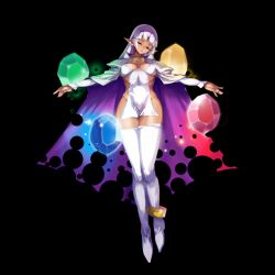 Rule 34 | 1girl, arcana heart, arcana heart 2, artist request, breasts, cape, cleavage, closed eyes, covered erect nipples, dark-skinned female, dark skin, elf, full body, gem, glowing, glowing jewelry, jewelry, large breasts, long hair, no bra, no panties, official art, parace l&#039;sia, pointy ears, revealing clothes, sky, smile, solo, thighhighs, torn cape, torn clothes, transparent background, white hair, white thighhighs