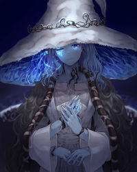 Rule 34 | 1girl, absurdres, blue eyes, blue hair, blue skin, cloak, closed mouth, colored skin, elden ring, enin, extra arms, fur cloak, hat, highres, jewelry, long sleeves, one eye closed, ranni the witch, ring, short hair, smile, solo, white hat, witch, witch hat