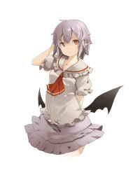 Rule 34 | 1girl, arm behind back, ascot, ayasekira, bat wings, blouse, collarbone, cowboy shot, dress, light purple hair, pointy ears, puffy short sleeves, puffy sleeves, red ascot, red eyes, remilia scarlet, shirt, short sleeves, simple background, solo, standing, touhou, white background, white shirt, wings