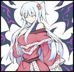 Rule 34 | 1girl, blue hair, breasts, closed eyes, commentary request, dress, hair bobbles, hair ornament, hand on own chest, kenuu (kenny), large breasts, lowres, off shoulder, outline, red dress, shinki (touhou), side ponytail, side slit, simple background, smile, solo, touhou, touhou (pc-98), white background, wings