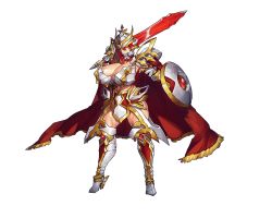Rule 34 | 1girl, arm up, armor, boots, breasts, cape, cleavage, closed mouth, feet, female focus, full body, game cg, hand up, helmet, huge breasts, legs, legs apart, looking at viewer, melon22, midriff, original, over shoulder, red cape, red hair, serious, shield, solo, standing, sword, thigh boots, thighhighs, thighs, transparent background, weapon