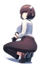 Rule 34 | :o, absurdres, animal ears, ass, bad id, bad pixiv id, bob cut, breasts, brown footwear, brown hair, camera, cow ears, curvy, ear piercing, from behind, full body, highres, horns, horseshoe, large breasts, long sleeves, looking at viewer, looking back, medium hair, multicolored eyes, office lady, original, pants, pantylines, piercing, s bokdong, shirt, simple background, squatting, white shirt, yellow eyes
