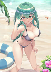 Rule 34 | 1girl, :d, alternate costume, bare shoulders, bikini, black bikini, blush, breasts, cleavage, commentary, green hair, hair between eyes, hair ornament, hairclip, highres, kantai collection, large breasts, long hair, looking at viewer, midriff, navel, ochikata kage, open mouth, smile, solo, starfish, suzuya (kancolle), swimsuit, v