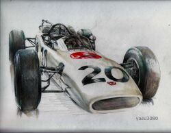 Rule 34 | artist name, car, colored pencil (medium), exhaust pipe, faux traditional media, formula one, highres, honda, honda ra271, motor vehicle, no humans, race vehicle, racecar, rollcage, simple background, steering wheel, traditional media, twitter username, vehicle focus, white background, white car, yasuyuki3080