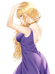 Rule 34 | 1girl, absurdres, alternate costume, blonde hair, breasts, commission, cowboy shot, dress, highres, kirisita, large breasts, long hair, looking back, open mouth, pixiv commission, purple dress, simple background, sleeveless, sleeveless dress, smile, solo, touhou, watatsuki no toyohime, white background, yellow eyes