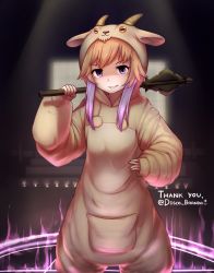 Rule 34 | 1girl, blush, breasts, brown hair, eyebrows, goat costume, highres, holding, holding weapon, jacy, looking at viewer, mace, medium breasts, multicolored hair, original, parted lips, purple eyes, purple hair, short hair, smile, solo, teeth, weapon