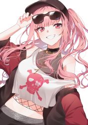 Rule 34 | 1girl, absurdres, baseball cap, breasts, camisole, crop top, crop top overhang, eyewear on head, unworn eyewear, fishnets, grin, hat, highres, hinakano h, holding, holding removed eyewear, hololive, hololive english, jacket, jewelry, long hair, looking at viewer, mori calliope, mori calliope (streetwear), multicolored clothes, multicolored jacket, nail polish, navel, necklace, official alternate costume, open clothes, open jacket, pink eyes, pink hair, side ponytail, sidelocks, simple background, skull and crossbones, skull print, smile, solo, sunglasses, two-tone jacket, virtual youtuber, white background