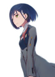 Rule 34 | 1girl, black dress, blue hair, bob cut, breasts, commentary, darling in the franxx, dress, dutch angle, expressionless, from side, green eyes, grey dress, hair between eyes, hair ornament, hairclip, highres, ichigo (darling in the franxx), long sleeves, looking ahead, military uniform, short hair, simple background, small breasts, solo, swept bangs, ttc, uniform, upper body, v arms, white background, white dress