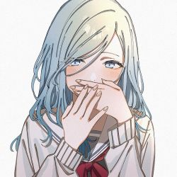 Rule 34 | 1girl, blue eyes, blue hair, blush, commentary request, covering own mouth, film grain, fingernails, hand over own mouth, hinomori shizuku, iwawa, light blue hair, long fingernails, long hair, long sleeves, looking at viewer, neckerchief, project sekai, red neckerchief, sailor collar, school uniform, serafuku, simple background, solo, upper body, white background, white sailor collar