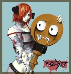 Rule 34 | 1girl, a.b.a, absurdres, arc system works, bags under eyes, bandages, bare shoulders, blood, blood on clothes, border, eighran, green eyes, guilty gear, hair over one eye, highres, homunculus, key, key in head, object through head, paracelsus (guilty gear), red hair, short hair, solo