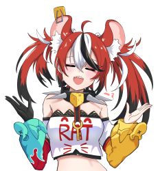 Rule 34 | animal ears, bare shoulders, black gloves, collar, crop top, dice hair ornament, closed eyes, gloves, hair ornament, hakos baelz, hands up, highres, holocouncil, hololive, hololive english, inapple, looking at viewer, midriff, mouse ears, mouse girl, off-shoulder shirt, off shoulder, open mouth, shirt, single glove, spiked collar, spikes, strapless, strapless shirt, virtual youtuber