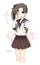 Rule 34 | 10s, 1girl, ayanami (kancolle), bad id, bad pixiv id, brown hair, green eyes, hair ribbon, heart, kantai collection, kona (canaria), long hair, open mouth, personification, ponytail, ribbon, rubbing eyes, side ponytail, solo, tears, translated, wink