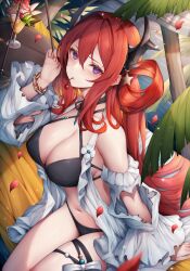 Rule 34 | 1girl, arknights, bangle, bikini, black bikini, bow, bracelet, breasts, cherry, criss-cross halter, food, from above, fruit, hair between eyes, hair rings, halterneck, holding, holding food, holding fruit, jewelry, large breasts, long hair, looking at viewer, navel, purple eyes, red hair, sitting, snm (sunimi), solo, surtr (arknights), surtr (colorful wonderland) (arknights), swimsuit, thigh strap, torn clothes, torn sleeves, tree, very long hair, white bow