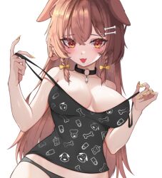 Rule 34 | 1girl, animal ears, animal print, bare shoulders, black camisole, black panties, blush, bone hair ornament, bone print, bow, braid, breasts, brown eyes, brown hair, camisole, choker, collarbone, commentary, dog ears, dog girl, dog print, hair between eyes, hair bow, hair ornament, hands up, hololive, inugami korone, inugami korone (loungewear), kkato, large breasts, long hair, looking at viewer, low twin braids, nail polish, no bra, no pants, o-ring, o-ring choker, panties, print camisole, pulling own clothes, short braid, simple background, smile, solo, strap pull, twin braids, underwear, virtual youtuber, yellow bow, yellow nails