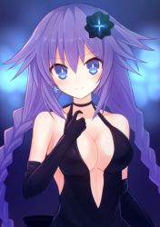 Rule 34 | 1girl, bare shoulders, black dress, black gloves, blue background, blue eyes, braid, breasts, cleavage, dress, earrings, elbow gloves, gloves, hair ornament, jewelry, long hair, looking at viewer, medium breasts, neck, neptune (neptunia), neptune (series), open mouth, power symbol-shaped pupils, purple hair, purple heart (neptunia), purple heart (goddesses&#039; promise), smile, solo, suta (clusta), symbol-shaped pupils, twin braids, underboob