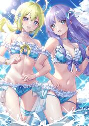 Rule 34 | 2girls, ahoge, amano soraha, aqua eyes, arm garter, assault lily, banshouya ena, bare arms, bare shoulders, bikini, blonde hair, blue bikini, blue eyes, blue ribbon, blue sky, bracelet, breasts, cleavage, cloud, collarbone, commentary request, day, floating hair, frilled bikini, frills, gluteal fold, hair between eyes, hair ribbon, halterneck, hand up, houji tea latte, jewelry, light brown hair, locked arms, long hair, looking at viewer, low ponytail, medium breasts, multi-strapped bikini bottom, multiple girls, navel, ocean, official alternate costume, outdoors, parted lips, pearl bracelet, plaid, plaid bikini, plaid ribbon, ponytail, purple hair, purple ribbon, ribbon, see-through, sidelocks, sky, smile, sparkle, standing, stomach, sun, sunlight, swimsuit, thigh strap, wading, wristband, yellow ribbon