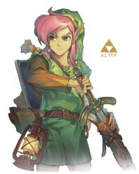 Rule 34 | 1boy, 9twoeight, absurdres, belt, blue eyes, closed mouth, highres, holding, holding sheath, holding sword, holding weapon, lantern, link, looking at viewer, looking away, nintendo, pink hair, pointy ears, sheath, short hair, solo, sword, the legend of zelda, the legend of zelda: a link to the past, triforce, unsheathing, weapon