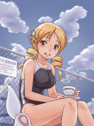 Rule 34 | 10s, 1girl, blonde hair, blue sky, blush, breasts, chain-link fence, cloud, competition swimsuit, cup, day, drill hair, face, fence, kyubey, large breasts, mahou shoujo madoka magica, mahou shoujo madoka magica (anime), one-piece swimsuit, outdoors, saucer, sitting, sky, smile, swimsuit, teacup, tomoe mami, twin drills, twintails, wet, yellow eyes, yoshikawa kazunori
