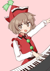 Rule 34 | 144udy, 1girl, :d, absurdres, blush, brown eyes, brown hair, buttons, hat, highres, instrument, keyboard (instrument), long sleeves, lyrica prismriver, music, open mouth, pink background, playing instrument, red hat, red skirt, red vest, shirt, shooting star hat ornament, short hair, simple background, skirt, skirt set, smile, touhou, vest, white shirt