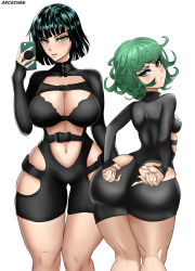 Rule 34 | 2girls, absurdres, arcsinge, artist name, ass, black hair, blush, breasts, cleavage, curly hair, curvy, female focus, fubuki (one-punch man), green eyes, green hair, highres, hip vent, holding, holding phone, huge ass, jumpsuit, large breasts, looking at viewer, multiple girls, navel, one-punch man, parted lips, phone, revealing clothes, short hair, siblings, sisters, skindentation, stomach, tatsumaki, thick thighs, thighs, tight clothes, white background, wide hips