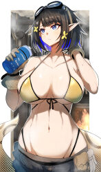 Rule 34 | 1girl, alternate costume, arknights, bare shoulders, belt pouch, bikini, bikini top only, black hair, blue eyes, blue hair, blunt bangs, border, bottle, breasts, cargo pants, cleavage, collarbone, colored inner hair, cowboy shot, crocodilian tail, eunectes (arknights), gin moku, gloves, goggles, goggles on head, groin, highleg, highleg bikini, highres, holding, holding bottle, huge breasts, looking away, looking to the side, lowleg, lowleg pants, multicolored hair, navel, outside border, pants, parted lips, pointy ears, pouch, short hair, solo, stomach, sweatdrop, swimsuit, tail, two-tone hair, water bottle, white border, yellow bikini