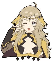 Rule 34 | 1girl, ahoge, arm up, blonde hair, breasts, cape, circlet, fire emblem, fire emblem fates, flat color, grey eyes, long hair, maji (majibomber), medium breasts, nintendo, one eye closed, open mouth, ophelia (fire emblem), smile, solo, swept bangs, turtleneck, upper body, yellow cape