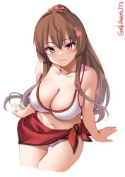 Rule 34 | 1girl, bikini, black stripes, blush, breasts, brown eyes, brown hair, cherry blossoms, cleavage, collarbone, cowboy shot, ebifurya, flower, hair flower, hair ornament, hand on floor, highres, kantai collection, large breasts, lips, long hair, looking at viewer, navel, ponytail, red sarong, red stripes, sarong, smile, solo, stomach, swimsuit, twitter username, two-tone bikini, white background, white bikini, yamato (kancolle)