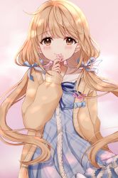 Rule 34 | 1girl, blue bow, blue dress, blush, bow, brown eyes, brown jacket, closed mouth, commentary request, dress, flower, futaba anzu, hair bow, hand up, highres, holding, holding flower, idolmaster, idolmaster cinderella girls, jacket, light brown hair, long hair, looking at viewer, low twintails, nazuna shizuku, open clothes, open jacket, pink flower, plaid, plaid dress, sailor collar, sailor dress, smile, solo, striped, striped bow, twintails, very long hair, white sailor collar