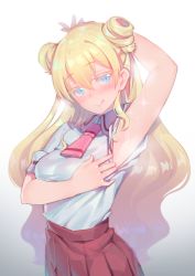 Rule 34 | 10s, 1girl, :q, arm up, armpits, asobi asobase, blonde hair, blue eyes, blush, breasts, closed mouth, collared shirt, colored eyelashes, double bun, fiodo, hair between eyes, head tilt, highres, long hair, looking at viewer, medium breasts, naughty face, olivia (asobi asobase), pleated skirt, presenting armpit, red skirt, school uniform, shirt, short sleeves, skirt, smile, solo, sparkle, spicy, steaming body, sweat, tongue, tongue out, very long hair, white background, white shirt, wing collar